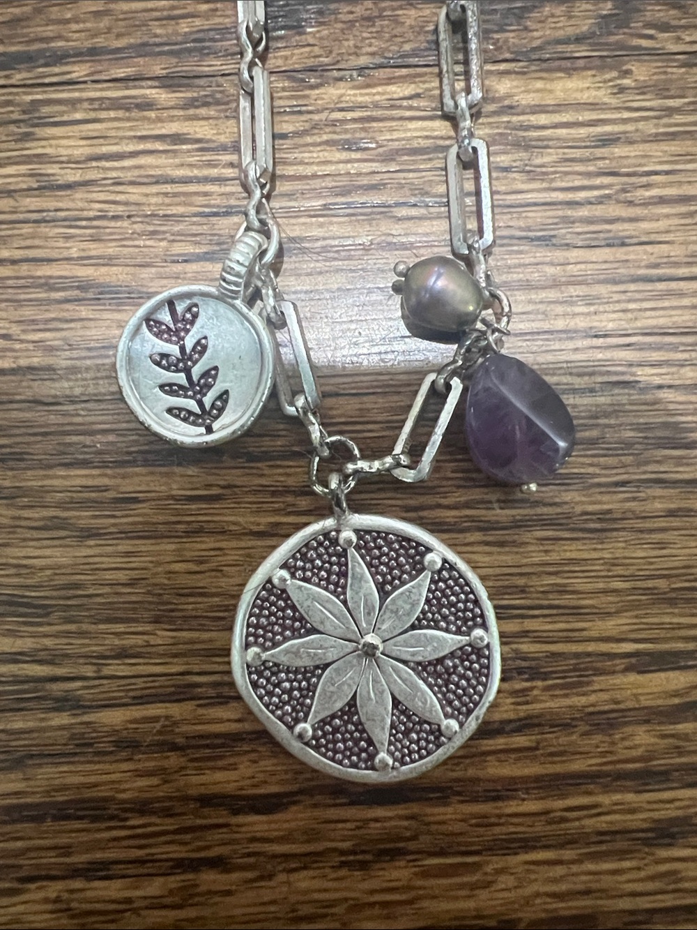 Sigrid Olsen Silver-Tone Floral Medallion Necklace with Purple Teardrop